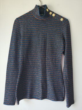 Smythe Metallic Striped Timeless Classic Turtleneck Sweater Gold  Button Details